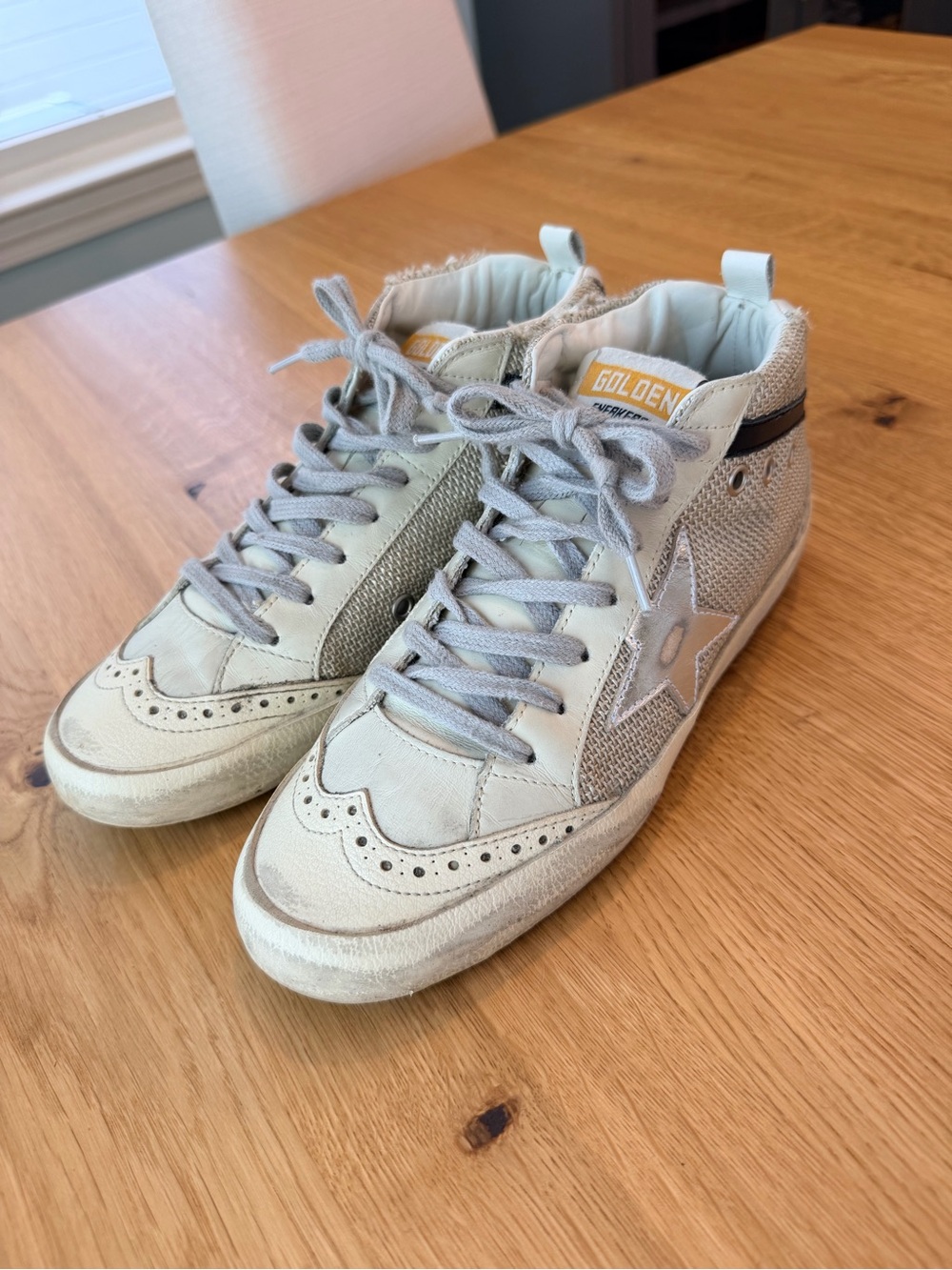 Golden Goose Cream Mesh and Black Leather Mid Star Sneakers with Silver Star - Picture 6 of 11